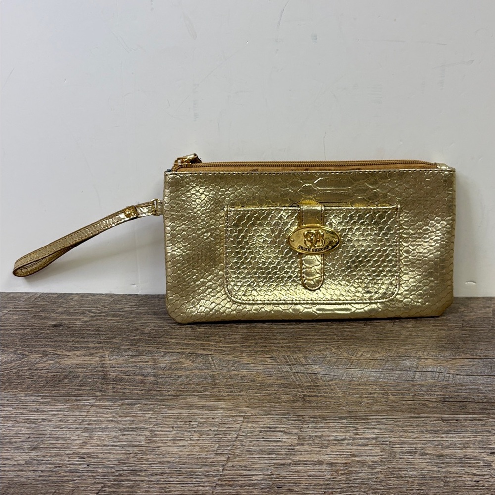 Sharif Since 1827 Gold Snakeskin Embossed Wristlet Clutch